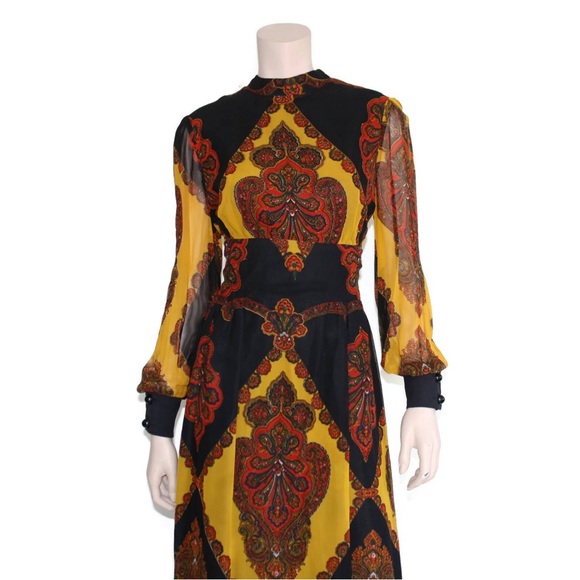 Paisley balloon sleeve dress, Vintage 60s maxi,  yellow & black gown 70s goddess - Picture 2 of 8